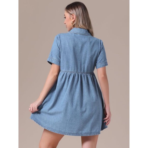 Women's Plus Size Denim Dress Babydoll Short Sleeve Button Down Mini - Picture 4 of 6